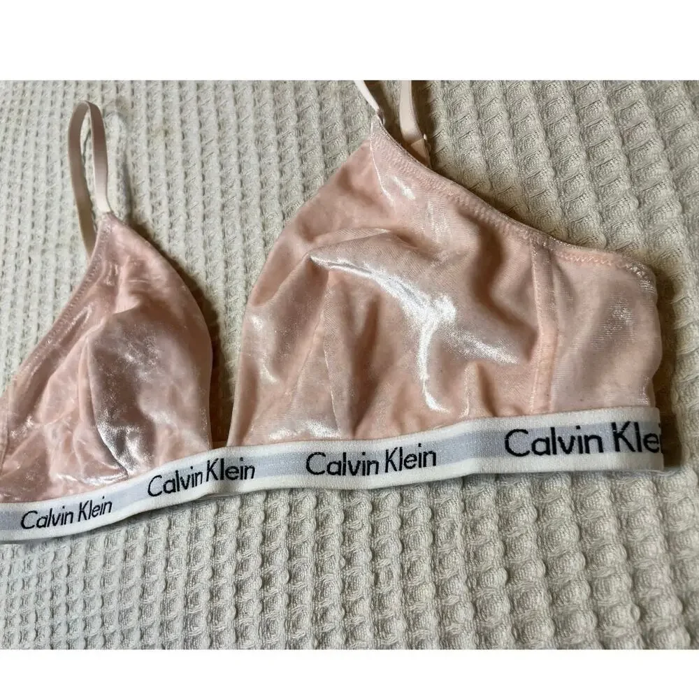 Calvin Klein Pink Crushed Velvet V Neck Bralette M
